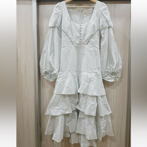 Jonathan Simkhai gingham poplin white plaid high low ruffle dress puff sleeves - Picture 7 of 11
